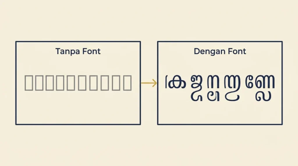 Perbandingan aksara Jawa yang muncul sebagai kotak kosong dan yang tampil normal dengan font