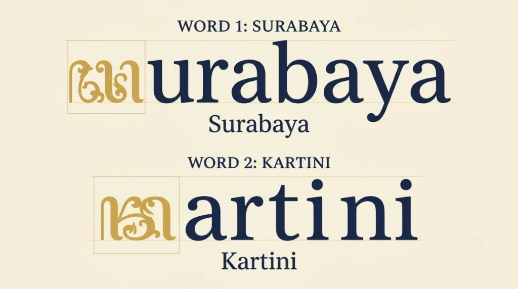 Contoh penulisan nama Surabaya dan Kartini dengan aksara murda