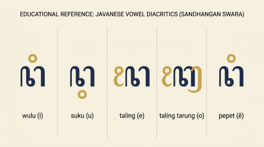 reference chart showing five Javanese vowel diacritic marks